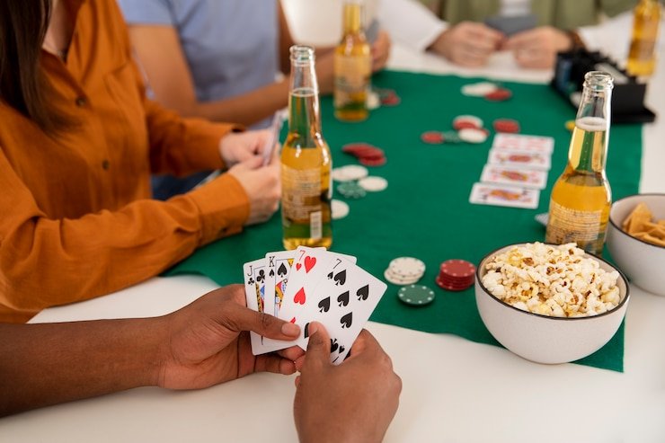 Meja casino dengan chip dan kartu di sebuah ruangan hiburan modern pada platform hiburan ip7
